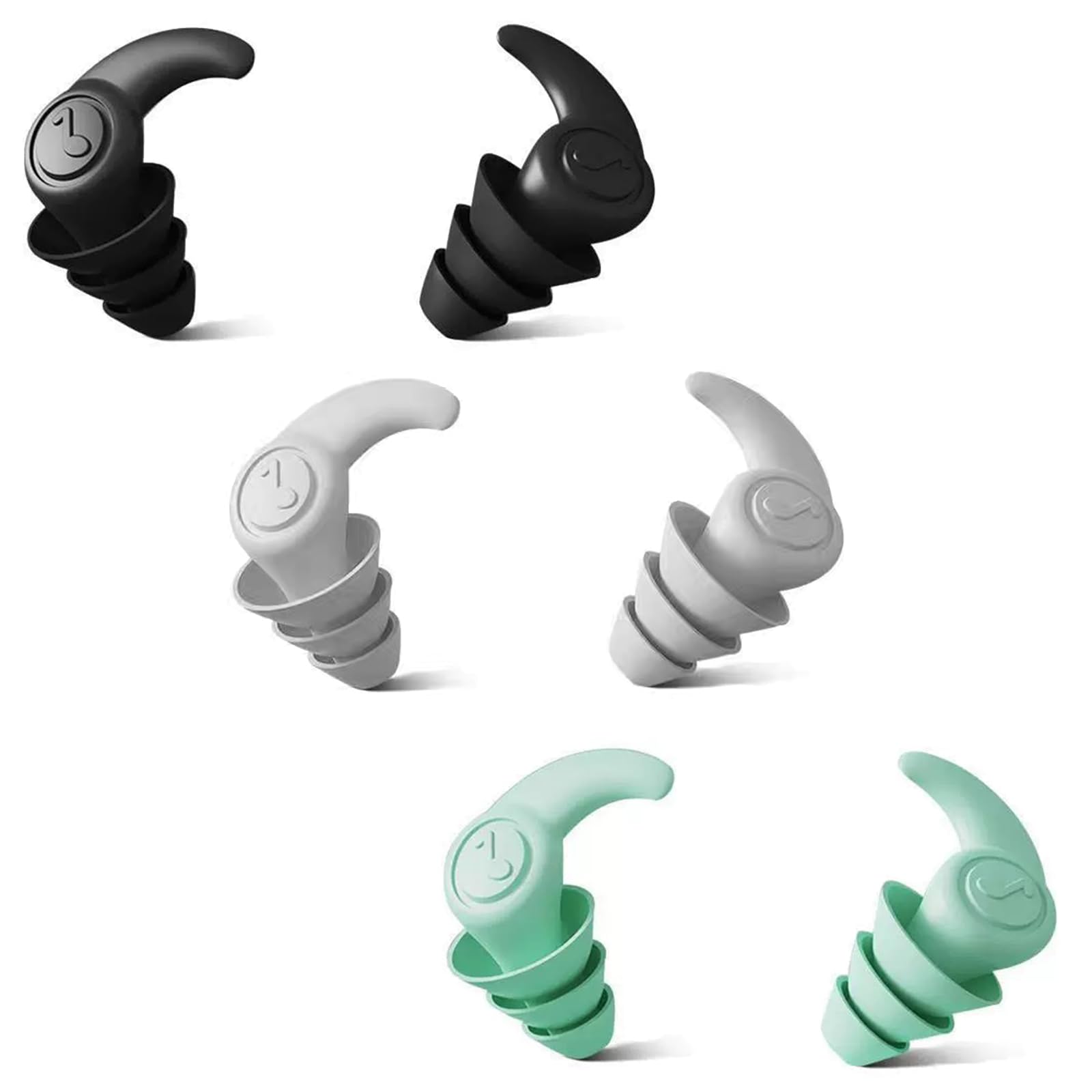 3 pares de tapones de silicona reutilizables para los oídos que reducen el ruido para dormir, enfoque profundo, natación, esnórquel, ducha, adultos, negro, gris y verde