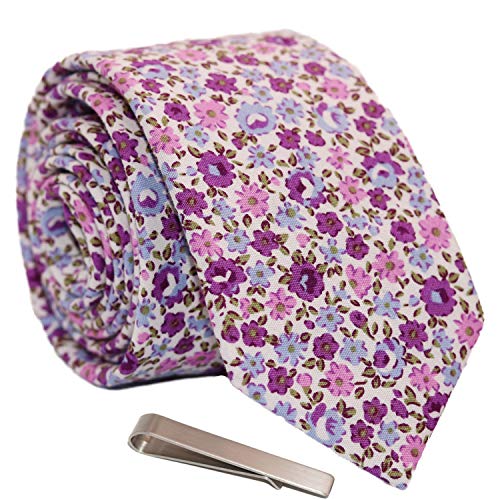 Image of Men's Skinny Tie Floral Cotton Necktie and Tie Bar Clip Sets, Great for Weddings,Groom,Groomsmen