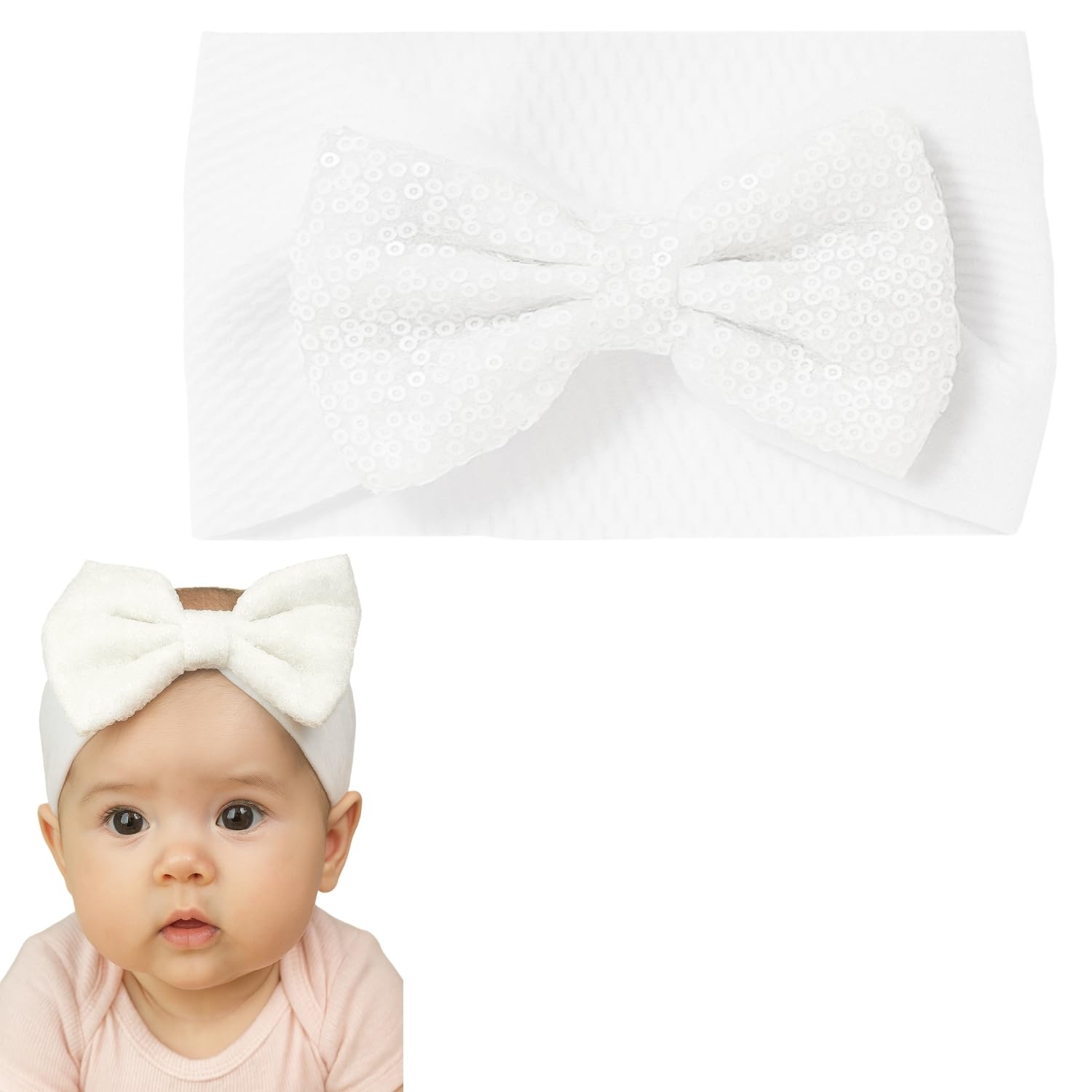 1 Pcs Baby Headbands Soft Cotton Stretchy Hairbands with Sequin Bows for Newborns Toddlers Comfortable Cute Hair Accessories for Baby Girls (WHITE)-image-35