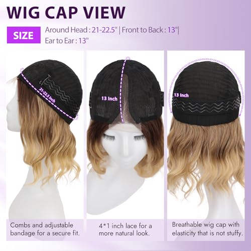 Image of Eawwii Brown to Blonde Short Wavy Wig for Women Lace Hairline Bob Style Synthetic Heat Resistant - Natural Appearance for Everyday Hairstyle 14 Inch