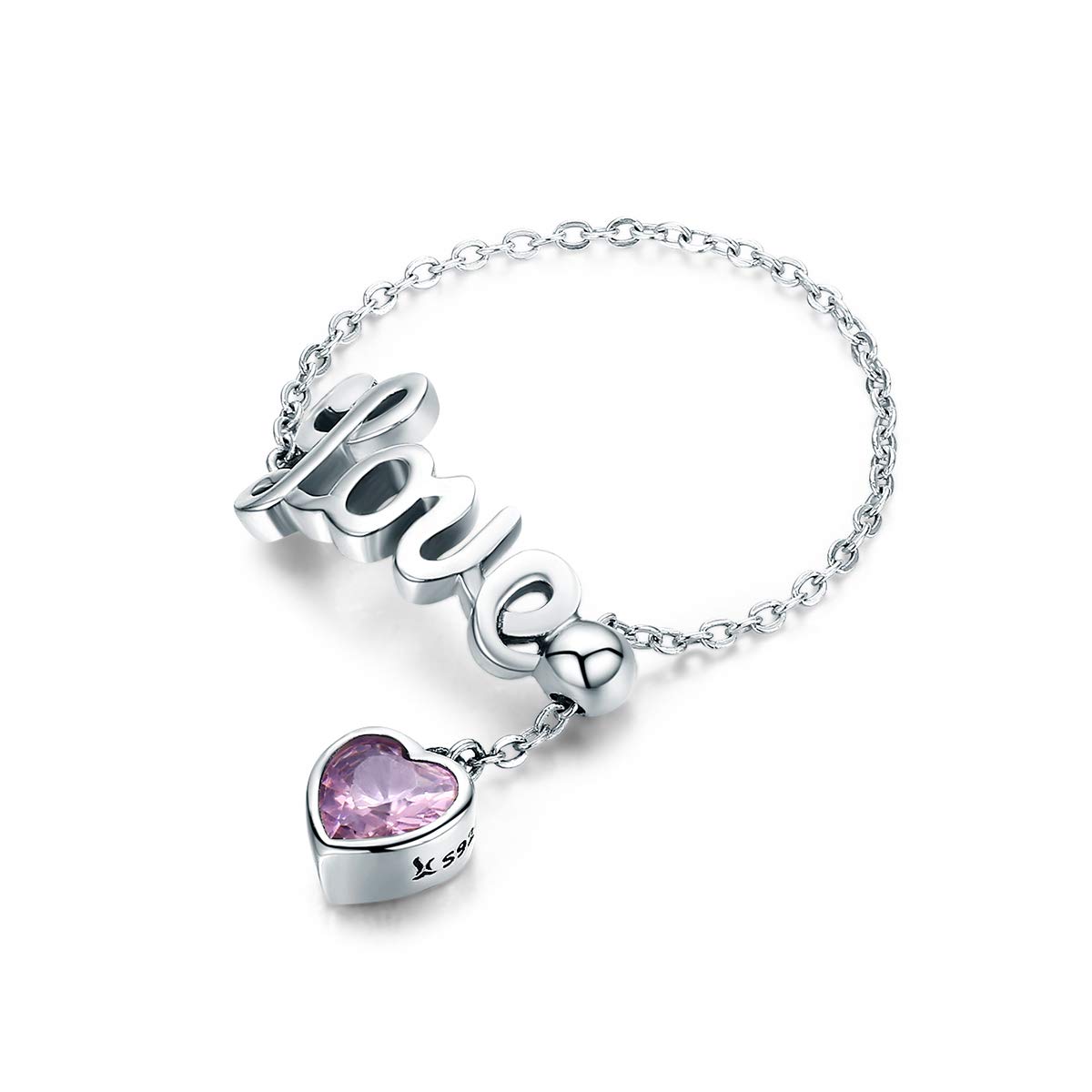 Love Statement Ehering, Sterlingsilber, rosa Kristall, herzförmig, baumelnd, Quaste, Versprechen, Verlobung, offen, verstellbar, Kettenring für Frauen und Mädchen, Unendlichkeitsgeschenk, Geschenk zum