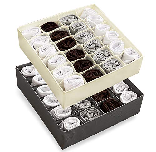 YOMFUN Underwear Drawer Organizer Divider Socks Organizers, Dresser Drawer Organizer for Underwear,Socks,Ties,Panties for Kids,Adults Whole Family,Upgrade Washable 2 PCS(24 CellsLight Beige+Dark Gray)