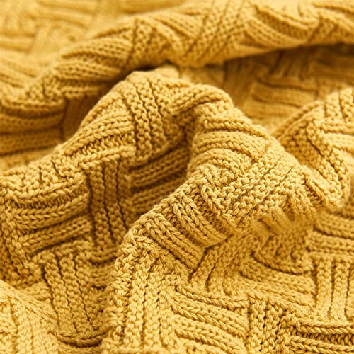 Cotton Mustard Yellow Knit Throw Blanket For Couch Sofa Beach Chair Bed Home Decorative Soft Warm Cozy Cable Lightweight Knitted Blankets,50 X 60 Inch, 2.2 Pounds #TOP3