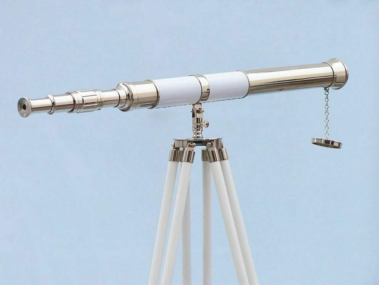 60" Floor Standing Admirals Chrome White Leather Telescope with Beautiful Wooden Tripod Stand; Fully Functional Nautical Home Decor Vintage Telescopes