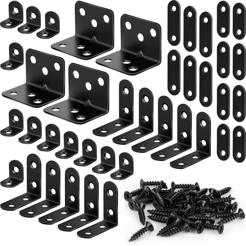 Image of 40 Pack L Bracket Corner Brace Kit, 5 Sizes Stainless Steel L Brackets for Wood Shelves, 90 Degree Right Angle Bracket, Black Metal Corner Brackets for Furniture Cabinet Drawer Chair with 116 Screws