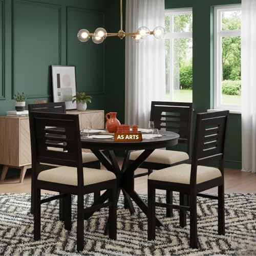 Image of AS Arts Sheesham Wood Round 4 Seater Dining Table Set with Chairs for Home & Dining Room | Solid Wood Dining Set | Dark Walnut Finish