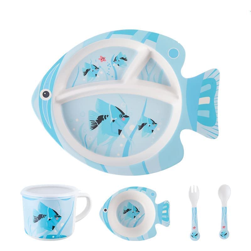FAGVA Bamboo Fiber Dinnerware Set, Kids Crockery Set Toddler Tableware Children Dishes Animal Shape Plate Bowl for Kids 5 Pieces Dinner Set - Multicolor (Fish)-image-2