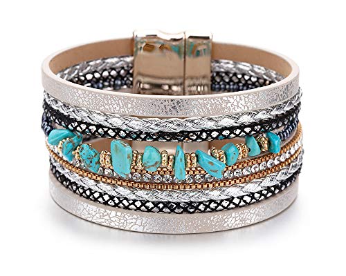 Image of Fesciory Leather Wrap Bracelets for Women, Boho Leopard Multi-Layer Crystal Beads Cuff Bracelet Jewelry