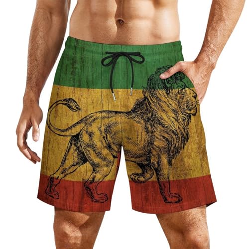 Jamaican Rasta Lion Wooden Flag Beach Shorts for Men Swim Trunks Quick Dry Swim Shorts with Compression Liner Pocket