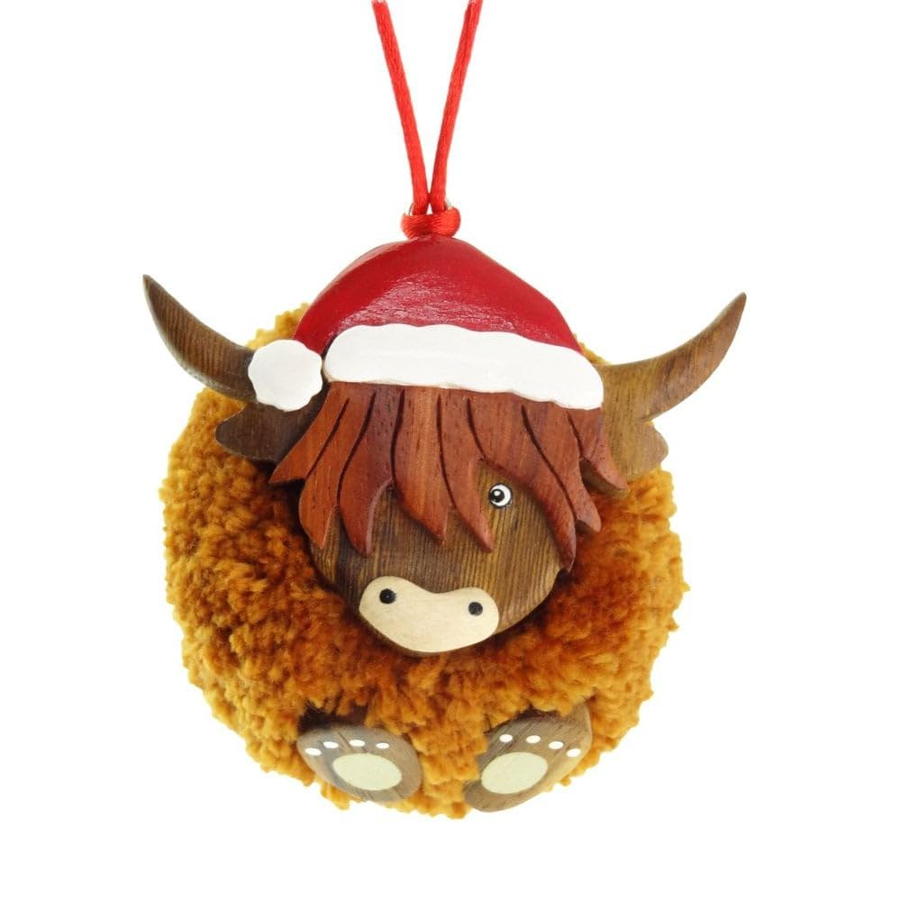 Glen Appin Brown Christmas Highland Cow Pom Pom Ornament Ap1616