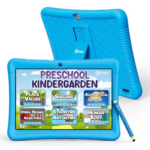 Image of Contixo K102 10 inch Kids Tablet Bundle - Wireless Kids Headphones, 32GB, Learning Educational Apps, Parental Controls, Dual Cameras, Shockproof Case with Kickstand & Stylus, Ages 3-7 - Blue