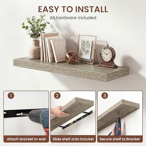 Image of Dreamland 30 Inches Floating Shelves for Wall, 9.3 inch Deep Long Floating Shelves Set of 2, Large Display & Storage Shelf, Wall Shelf for Bathroom Bedroom Living Room Kitchen Office, Grey