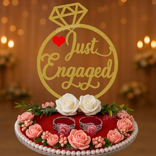 Image of Divyakosh Just Engaged Red MDF Engagement Ring Holder Tray 8x9 inch | Classy Ring Platter for Engagement Ceremony | Engagement Ring Display Box for Couples | Decorative Ring Holder Gift Tray