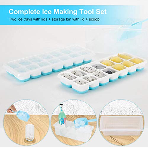 Covered Ice Cube Trays Bin for Freezer- Ice Holder, Stackable Container Box and Silicone Trays 2 Pack with Lid Scoop, Portable Ice Bucket, BPA Free, Space Saving, Easy Storage. - Thumbnail 4