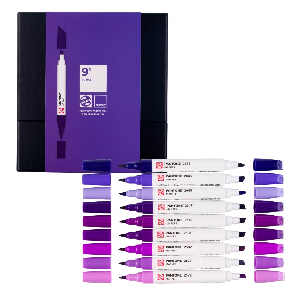 Talens | Pantone Marqueurs Set de 9 Purple | Stylo à Deux Pointes | Pointes Pinceau et Biseau | Encre Pigmentées à Base d'Eau en 108 Couleurs Pantone