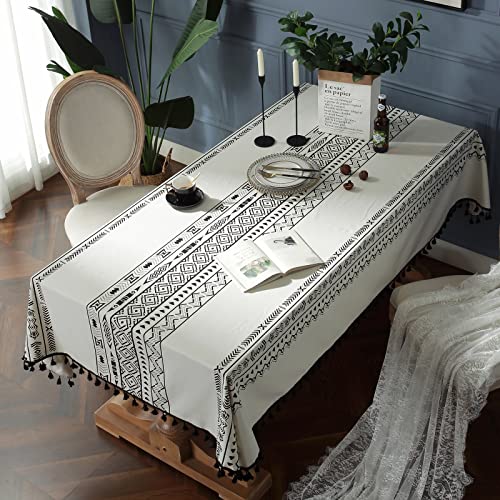 Leiaz Boho Rectangle Tablecloth With Tassel, Heavy Cotton Fabric Table Cloth Wipeable Table Cover For Home Coffee Kitchen Picnic Farmhouse Restaurant Party Table Decor,Cream,55 * 102Inch #TOP5