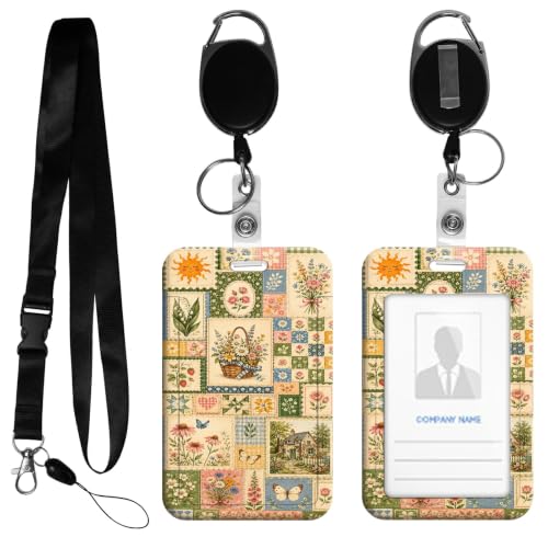 Badge Holder with Retractable Reel and Lanyard, Patchwork Floral