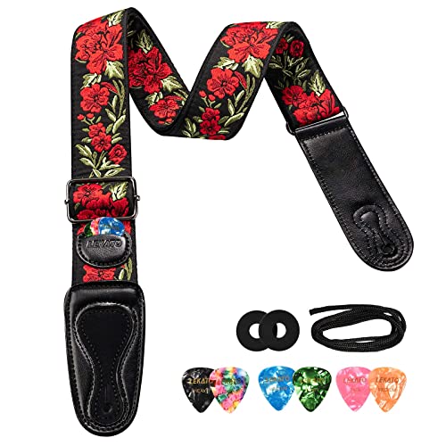 LEKATO LGS-6 Sangle de Guitare Sangle de Guitare Acoustique Electrique Ceinture de Guitare avec 6 médiators Motif de Broderie de Fleurs Sangle de Basse pour Guitares Basses (Rouge)