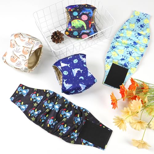 Image of 5 Pack Dog Diapers Male Reusable, Premium Belly Bands for Male Dogs, High Absorbing Male Dog Pee Wraps for Doggie in Incontinence or Excitable Urination and Training, Dino L