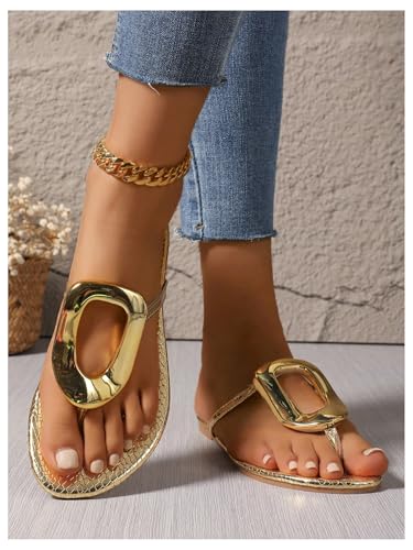 Image of GORGLITTER Women's Gold Flip Flops Square Toe Summer Sandals 2026 Wedding Dressy Vacation Beach Slides Shoes
