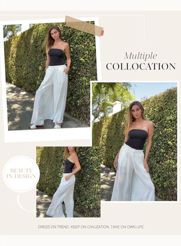 Image of Dokotoo Pants for Women Casual Elastic Waist Wide Leg Pants with Pockets