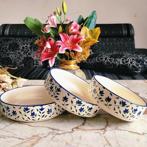 Image of Niyara Stoneware Handmade Ceramic Stylish Premium Serving Bowls /Salad Tray Microwave Dishwasher Safe (Blue Leaf Set of 3)