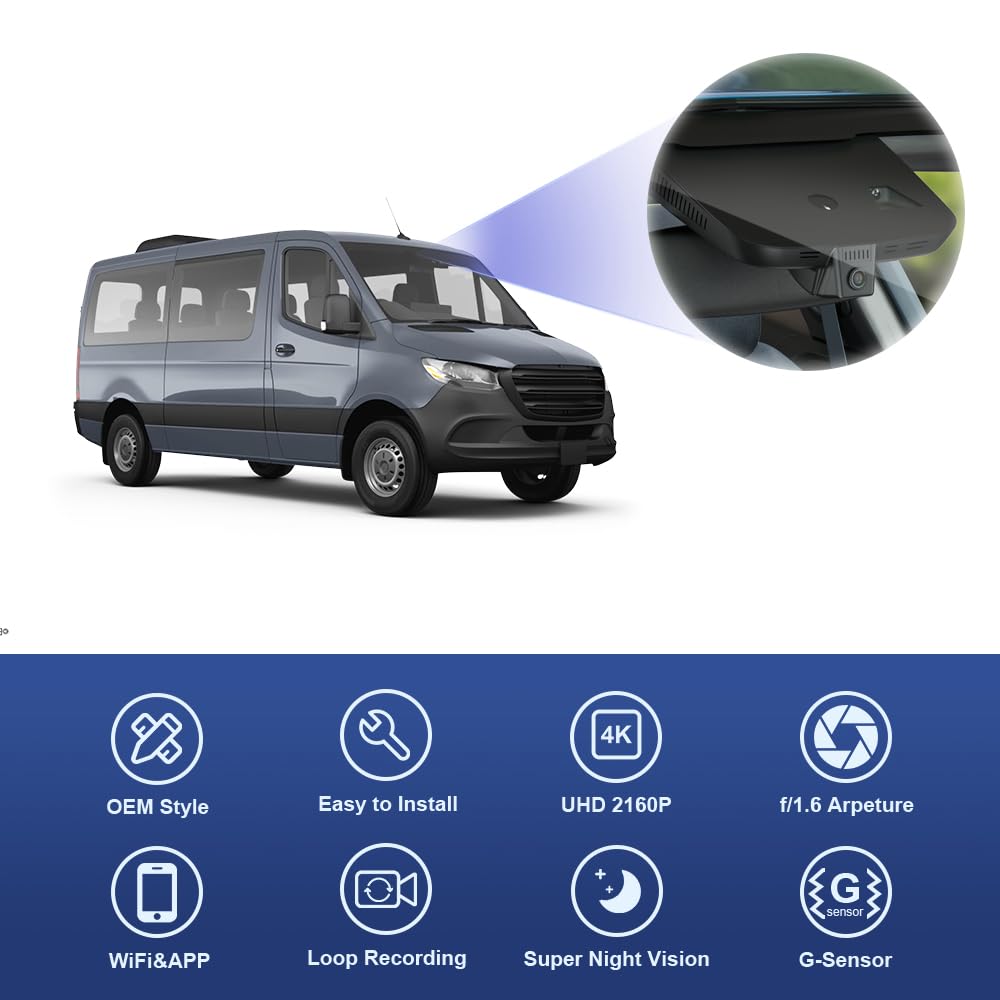 Fitcamx Dashcam 4K Convient pour Mercedes-Benz Sprinter Van 2019-2025 (HD2-D1160), OEM Caméra Embarquée Voiture, 2160P UHD Video WiFi, G-Capteur, Enregistrement en Boucle, WDR, Plug&Play, Carte 64Go