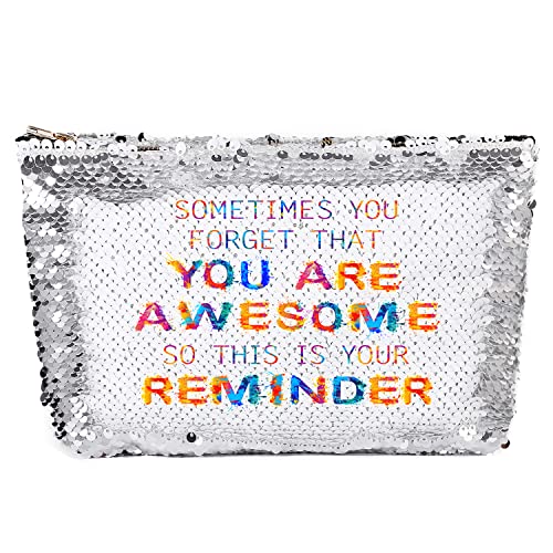 Loong Design You Are Awesome - Thank You Gifts For Women, Inspirational Gift, Birthday Gifts For Women,Mom,Sister,Best Friend,Coworker,Employee - Sequin Makeup Bag (Silver) #TOP8