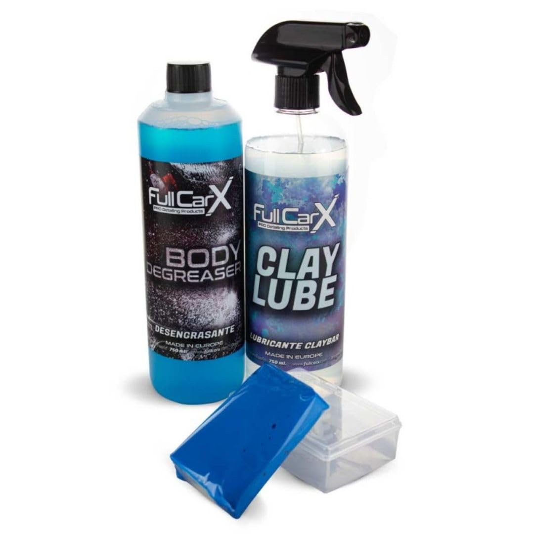 AutoFullCar - Kit de décontamination de carrosserie FullCarX | Dégraissant Carrosserie 750 ml | Clay Lube Lubrifiant 750 ml | Pastille Argile Clay Bar | Sans rayures | Usage professionnel et