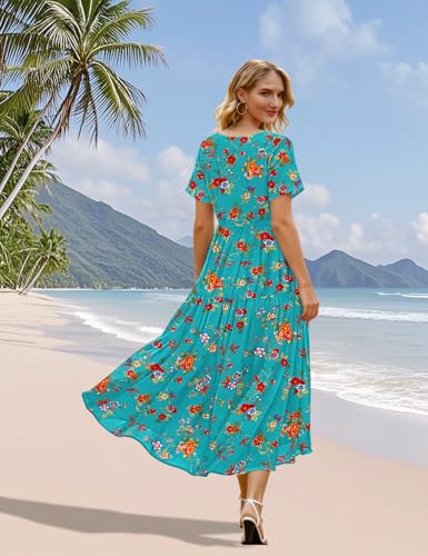 Image of YESNO Women's Summer Maxi Dresses Casual Floral Short Sleeve V Neck Boho Beach Vacation Swing Dress with Pockets EVF