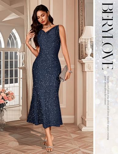 BeryLove Sequin Formal Sparkly Homecoming Gowns Evening Party Cocktail Bodycon Midi Wedding Guest Dresses Long Sparkle Sleeveless Prom Ruched Cowl Neck Dress 0035 Navy L 6