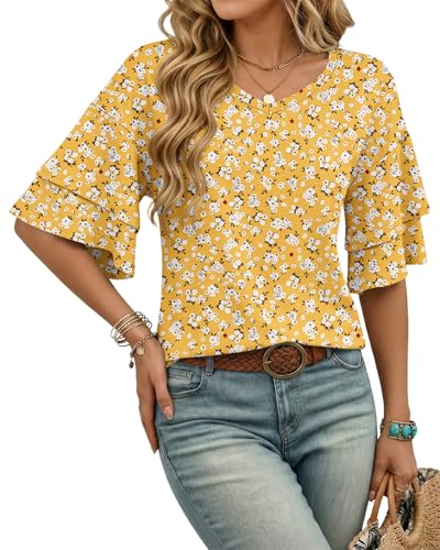 WNEEDU T Shirt Femme Col V Manches Courtes Chemisier Blouse Femme Ete Manche 3/4 Imprimé Floral Décontracté Haut Top Tunique Plage Vacances Jaune Floral 3XL...