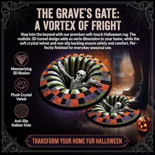 Halloween 3D Illusion Rug, Round Creepy Skeleton Vortex Floor Mat, Non-Slip Optical Illusion Area Rug for Living Room, Bedroom, Haunted House, Halloween Party Decor - image 8