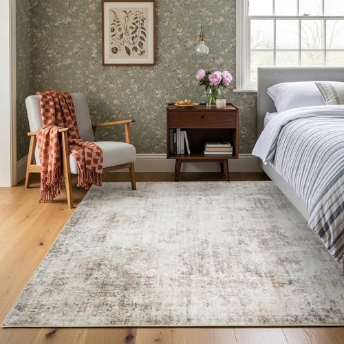 Tapete de área 5x7 beige y marrón lavable antideslizante miniatura 4