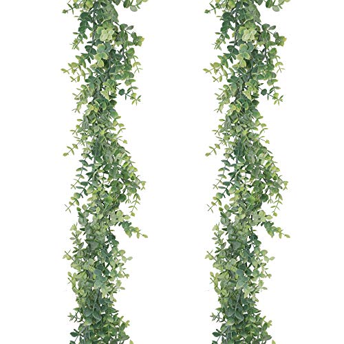 GraduationMall Faux Eucalyptus Garland Plant 2 Pack 12ft Artificial Foliage Fake Leaves Ivy Vine Greenery Garland for Wedding Party Home Decor