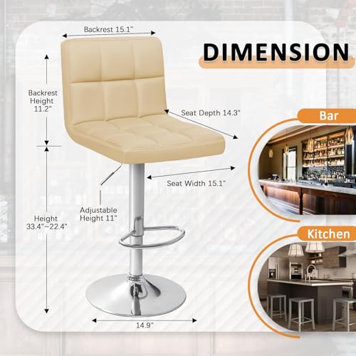 Image of Homall Bar Stools Modern PU Leather Adjustable Swivel Barstools, Armless Hydraulic Kitchen Counter Bar Stool Extra Height Square Island Barstool with Back Set of 2 (Leather, Beige)