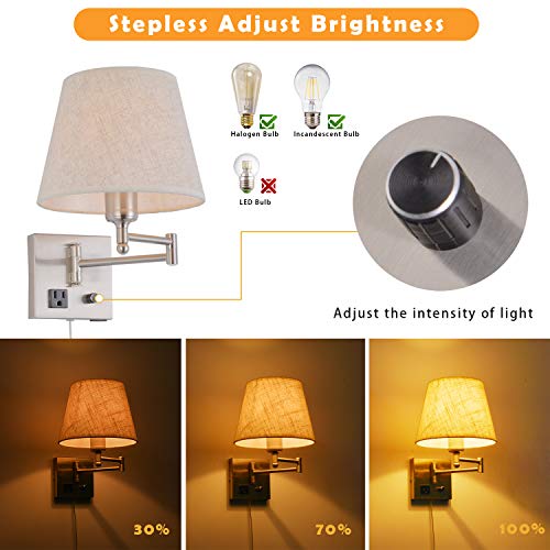Bedside Wall Mount Light With Dimmable Switch And Outlet, Swing Arm Fabric Shade Wall Sconce Light With Usb Port And Plug In Cord, Satin Nickel Wall Lamp For Bedroom, Living Room And Hotel #TOP1