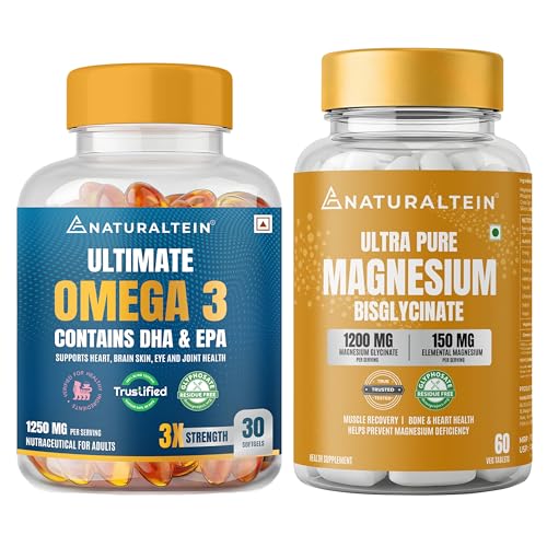 Image of Naturaltein Omega 3 Fish Oil 1250mg Triple Strength 30 Softgels + Magnesium Glycinate 1200mg 60 Tablets | Heart Health, Muscle Recovery, Sleep & Stress Support Combo