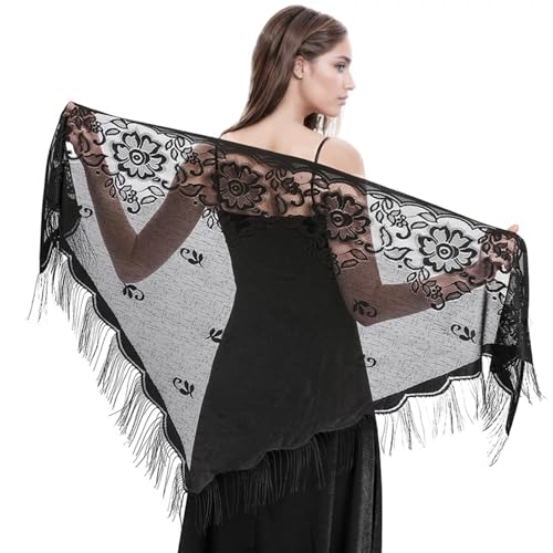 Lace Shawls and Wraps, Women Black Lace Wrap Shawl Triangle Fringe for Evening Dress Wedding Party 81 x 31in