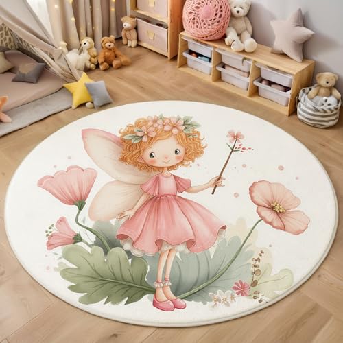 HASLEFND Cartoon Style Blonde Girl Flower Round Rug,Washable Kids Rug