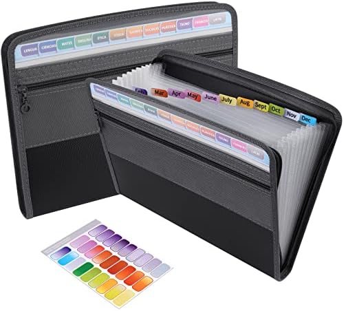 Sooez 13 Pocket Expanding File Folder with Zipper Closure, Accordion File Folder Document Organizer Expanding Zip File Folder with Sticky Labels, Letter A4 Paper Document Accordion Folder, Black