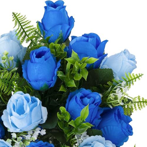 Artificial Cemetery Flowers for Grave Decorations, Memorial Roses Flowers Bouquet with Vase for Cemetery Headstones Decoration, 2 Sets (Dark Blue&Light Blue) image 1