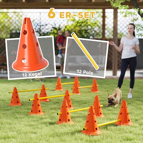 PawHut Agility Set Hunde, 6-teiliges Agility Ausrüstung mit 12 Kegel 6 höhenverstellbar Hürden Tragetasche Trainingszubehör, Trainingsset für Hundetraining
