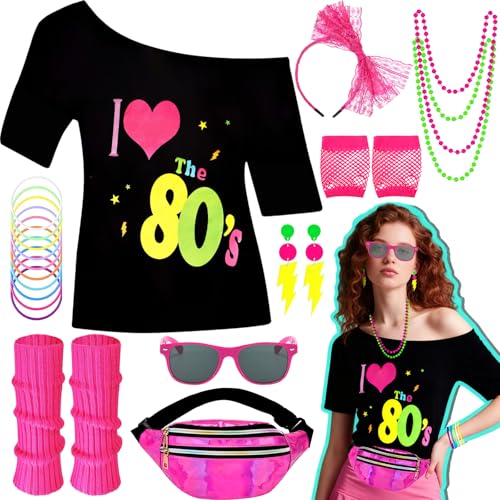 19 unidades dos anos 80 fatos para mulher com t-shirt diadema luvas de rede brincos de flash pulseira colar óculos de sol bolsa de cinto para carnaval cosplay (S)