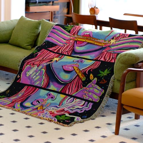 Trippy Throw Blanket for Couch Bed Lounge Chair Hippy Trippy Boho Chair Throw Blanket Hippie Hippy Wall Tapestry Woven Throws Blankets Smoking Weed Accessories Marijuana Cannabis Boho Room Decor 51x59