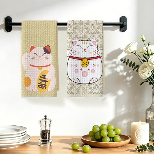 Image of 2 Pcs Japanese Lucky Cat Kitchen Towels 24x14 Inch, Maneki Neko Gifts Reusable Dish Towels for Kitchen Bathroom Decor, Waffle Weave Hand Cloth Tea Towel, Cute Cat Gifts for Women Mom Friend