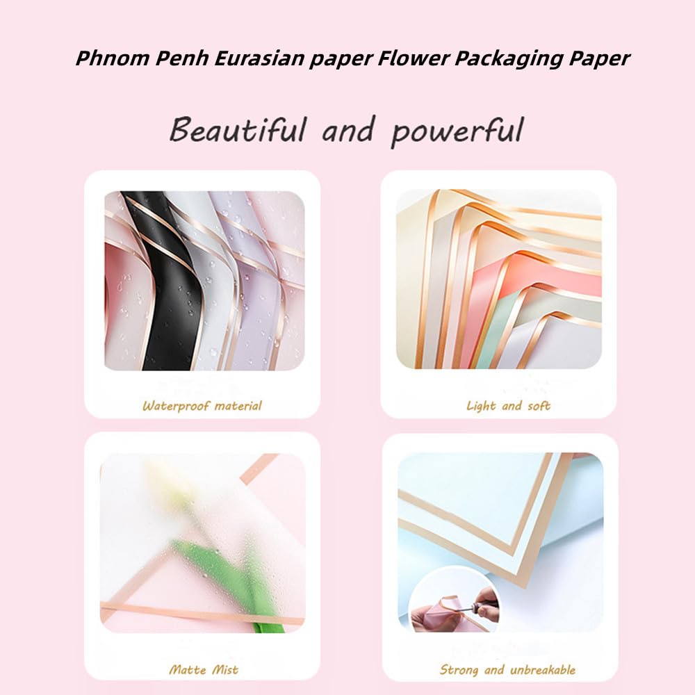 XIYUAN 20 Counts Gold Edge Fresh Flowers Wrapping Paper,DIY Crafts,Gift Packaging Or Gift Box Packaging,Waterproof Flower Wrapping Paper 22.8X22.8 Inches Florist Bouquet Supplies (Black White