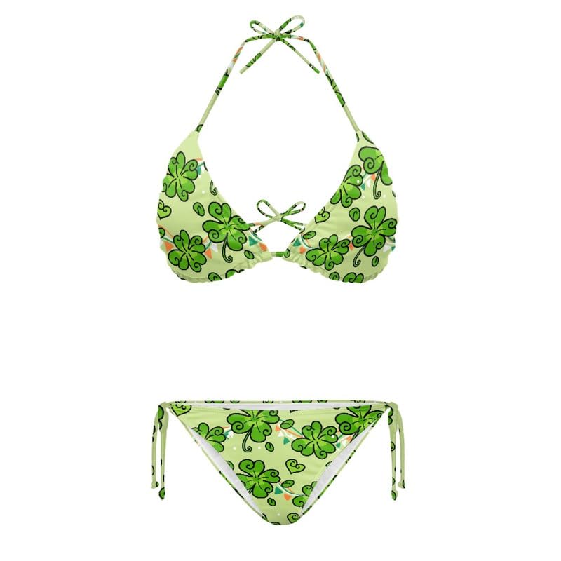 Irisjudy Women Tie Side Triangle Bikini Set St Patrick Day Swimsuit Costume, Green Lucky Clover Print Bathing Suit String Sexy Swimsuit Cheeky Brazilian Swimwear
