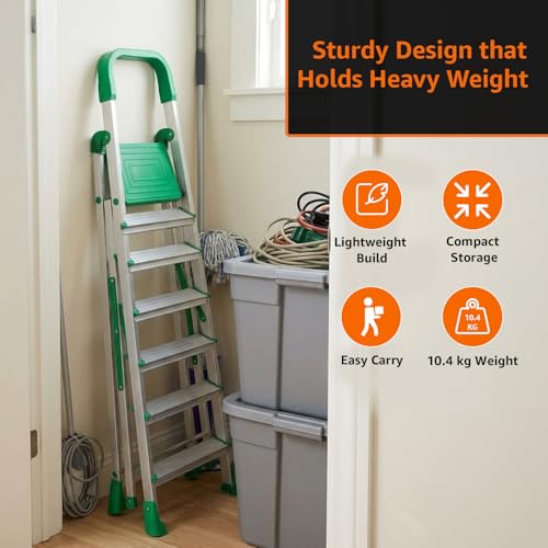 Image of Amazon Basics Clamber Pro - Foldable Step Ladder, Firm Grip, 7 Steps (Aluminium Steps, Green & Satin)