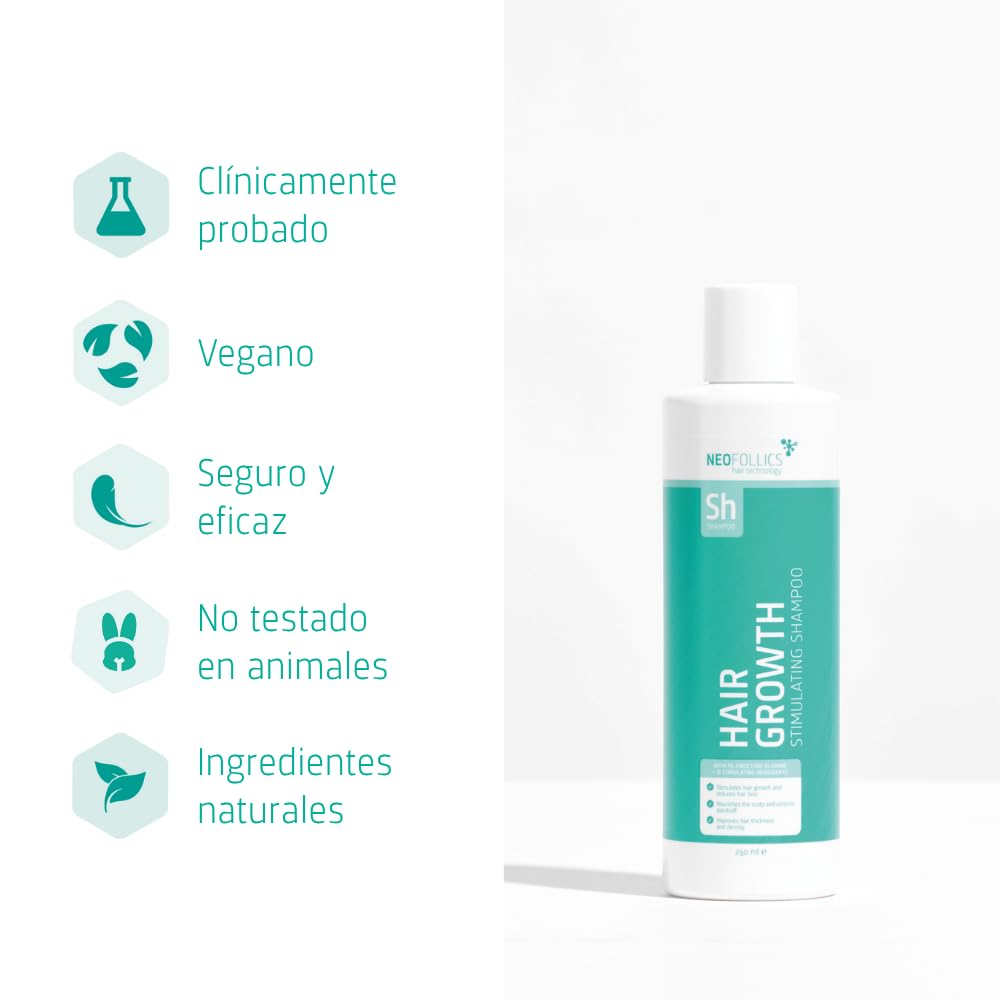 Neofollics Champú Estimulante del Crecimiento Capilar Anticaída con Piroctona Olamina, Ecklonia Cava, Cafeína y Niacinamida - 250 ml